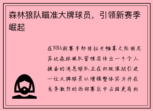 森林狼队瞄准大牌球员，引领新赛季崛起